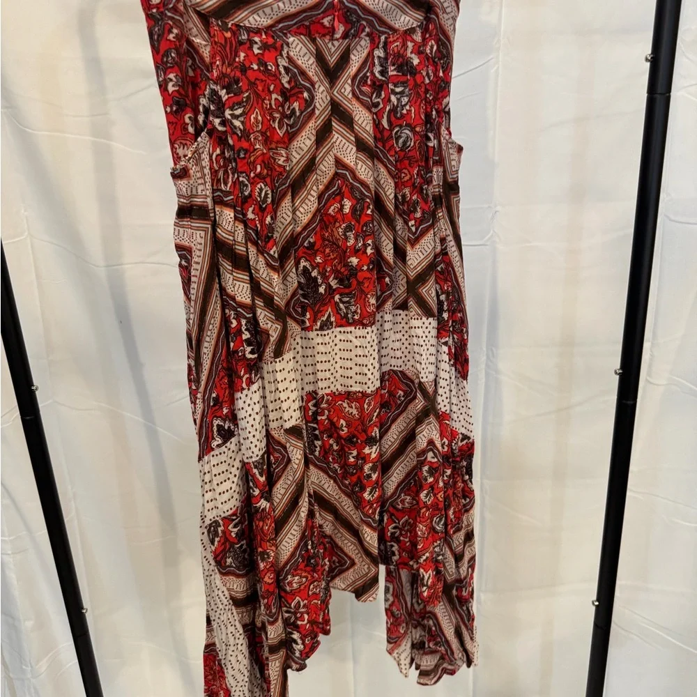 Free People Red and Cream Asymmetrical Patchwork Midi Skirt - Picture 4 of 5